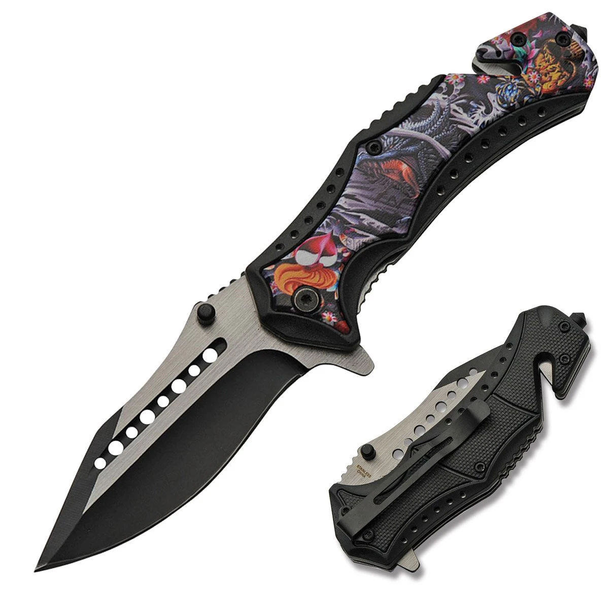 SZCO Supplies Mad Dragon Rescue Folding Knife 3.56in Clip Point Blade