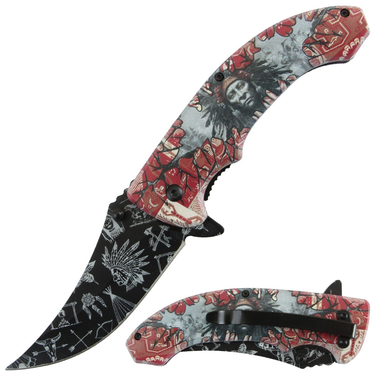 Master USA Spring-Assisted Knife Native Warrior 3.5in Black Upswept