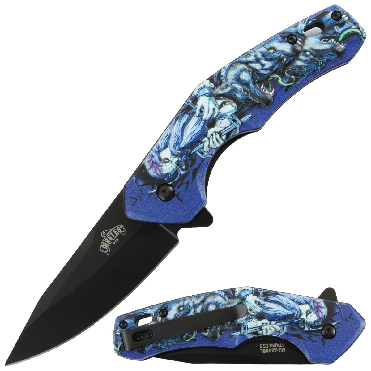 Master USA Spring-Assisted Knife Blue Wolf Lord 3.5in Black Drop Point