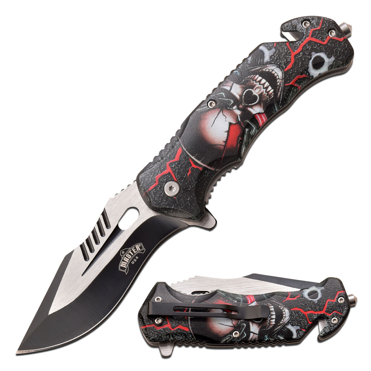 Master USA Spring-Assisted Knife Red Skull 3.75in Drop Point