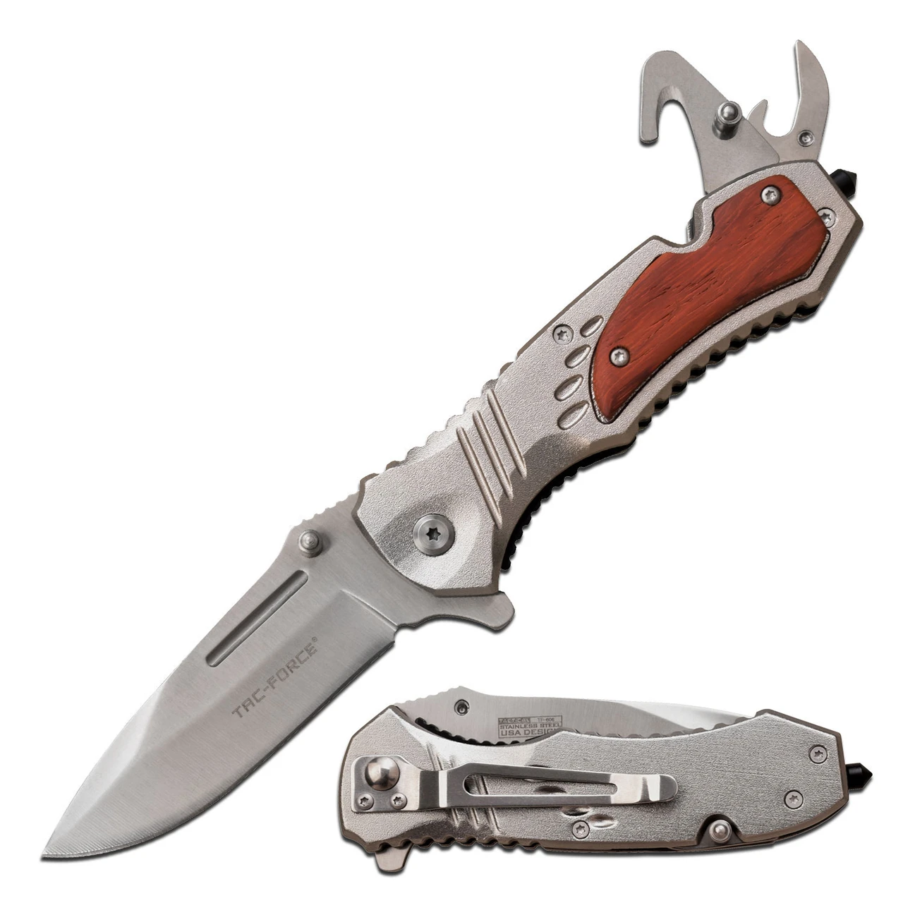 Tac-Force Assisted Knife Silver Wood Multi-Tool Rescue Drop Point