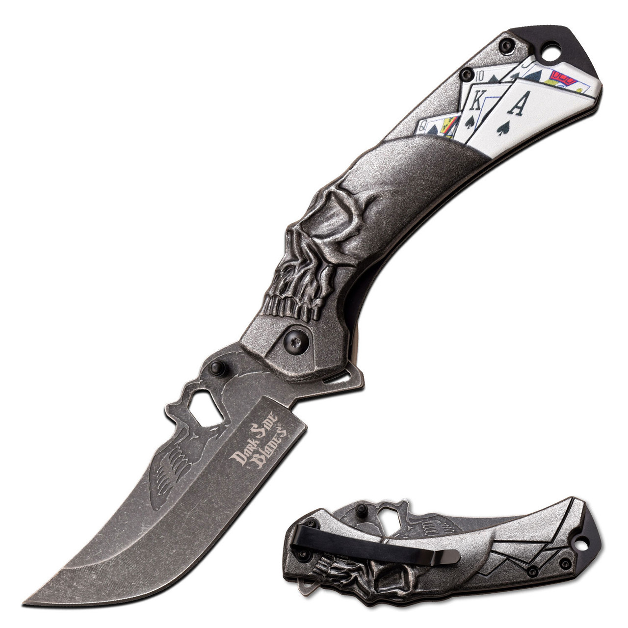 Dark Side Blades Royal Flush Skull Assisted Knife Stonewash 3.5 in Tanto