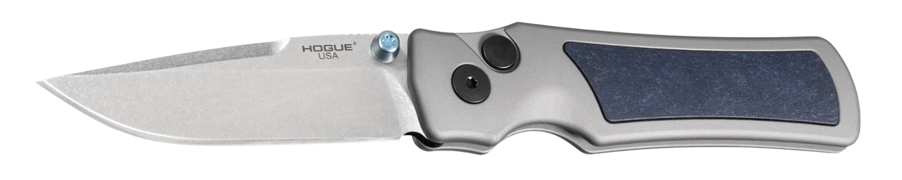 Hogue Saxum Button Lock Folding Knife Tumbled Magnacut/Gray Aluminum with Blue Canyon Richlite Insert
