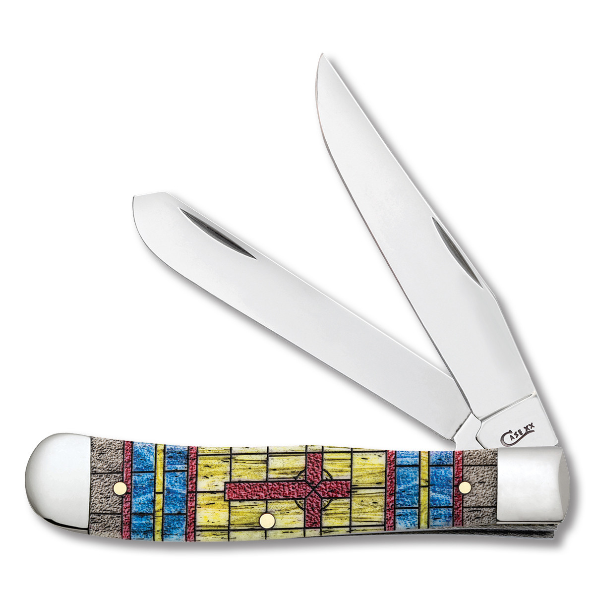 Case XX Stained Glass Cross Smooth Bone Trapper Pocket Knife
