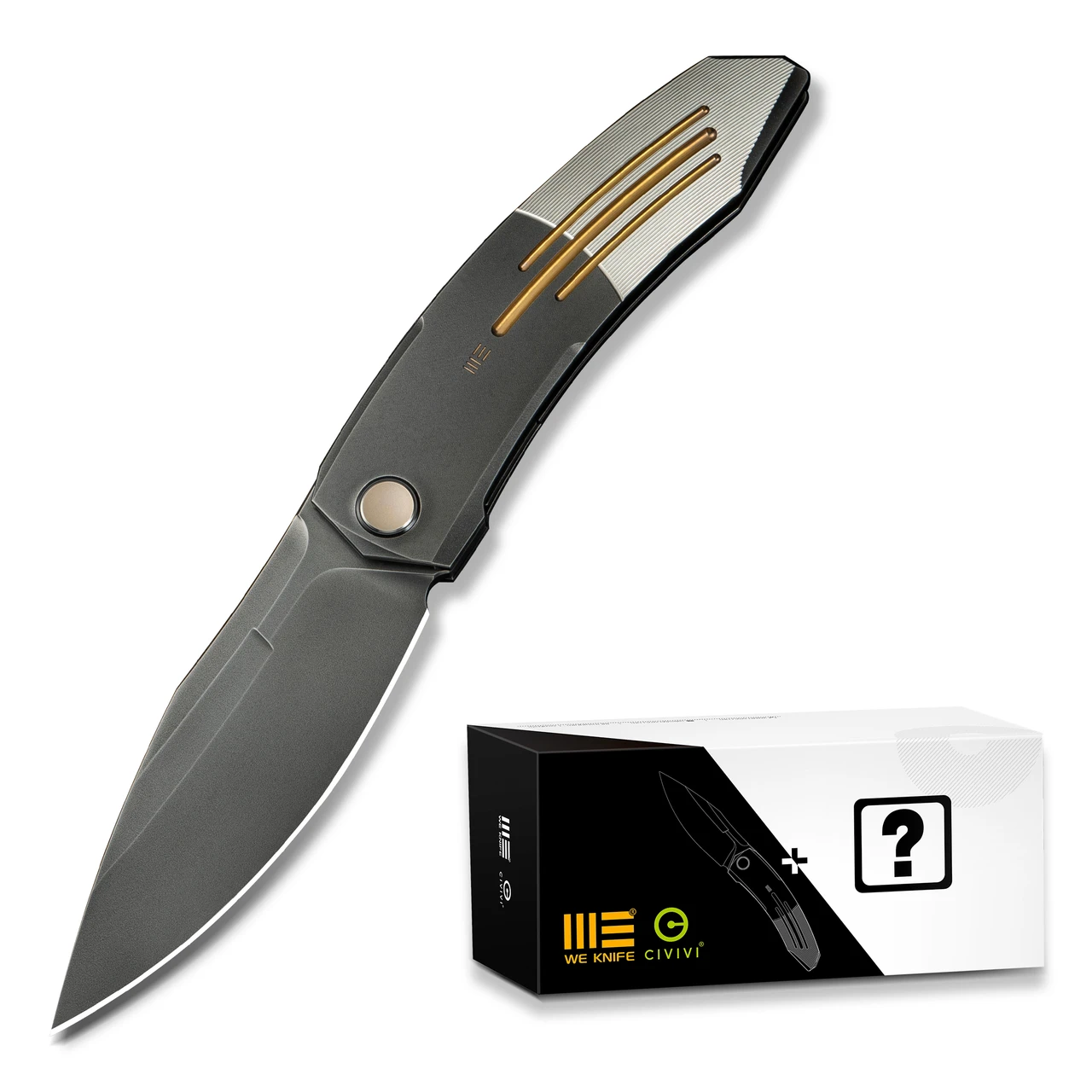 WE Knife Co Sine Wave Mystery Box Gray Gold Satin Titanium Polished Gray M390 WE23069B-3 MB