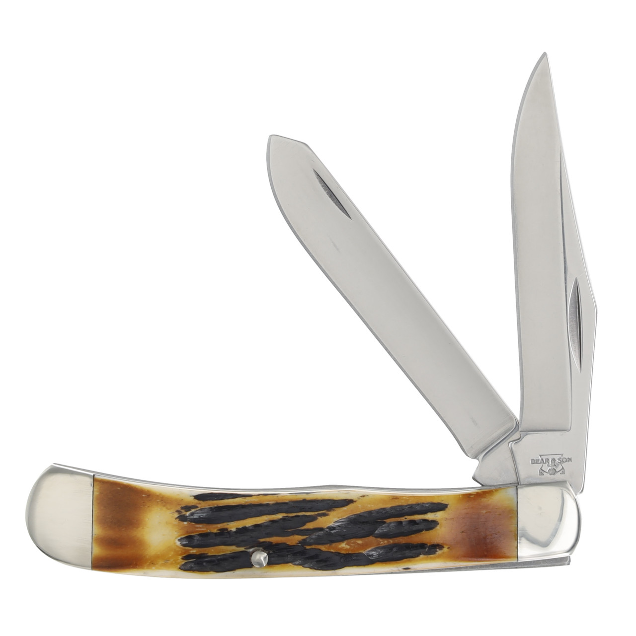 Bear & Son Large Trapper Folding Knife Genuine India Stag Bone Front Open