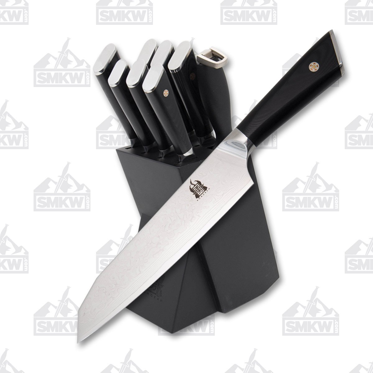 Komoran Damascus Kitchen Knife and Block Set KO036
