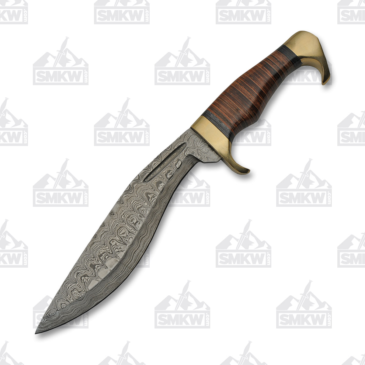 SZCO Supplies 13.5in Stacked Leather Kukri Damascus Fixed Blade Knife