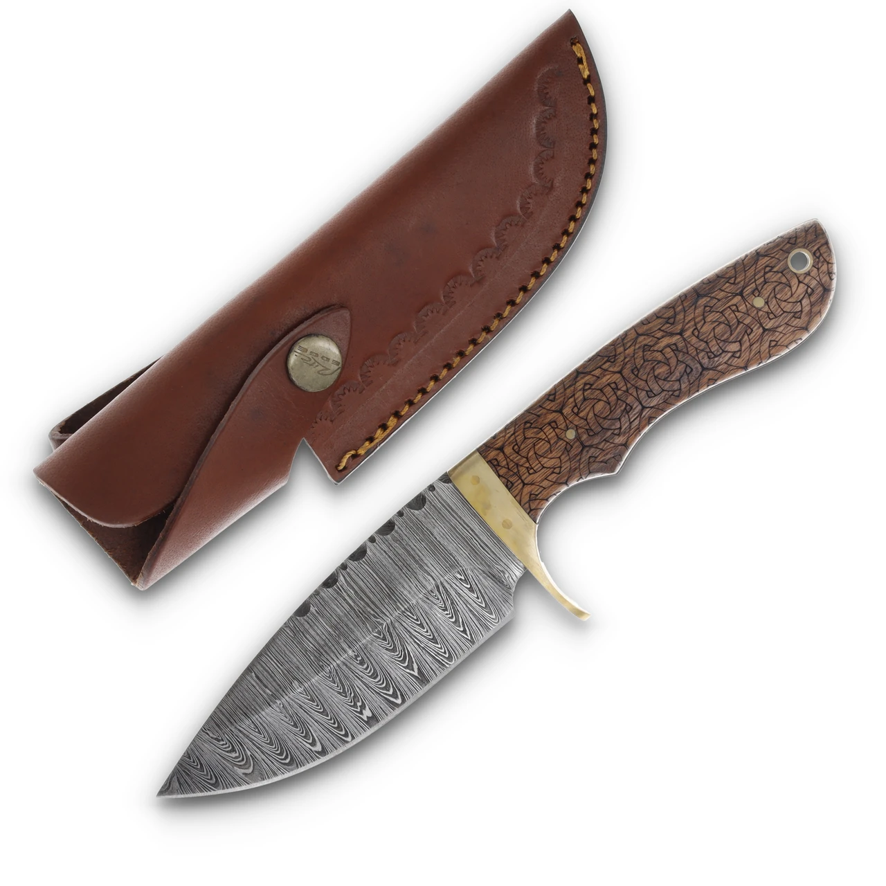 Szco Celtic Knot Fixed Blade Knife Damascus/Wood Grain with Leather Sheath DM1208