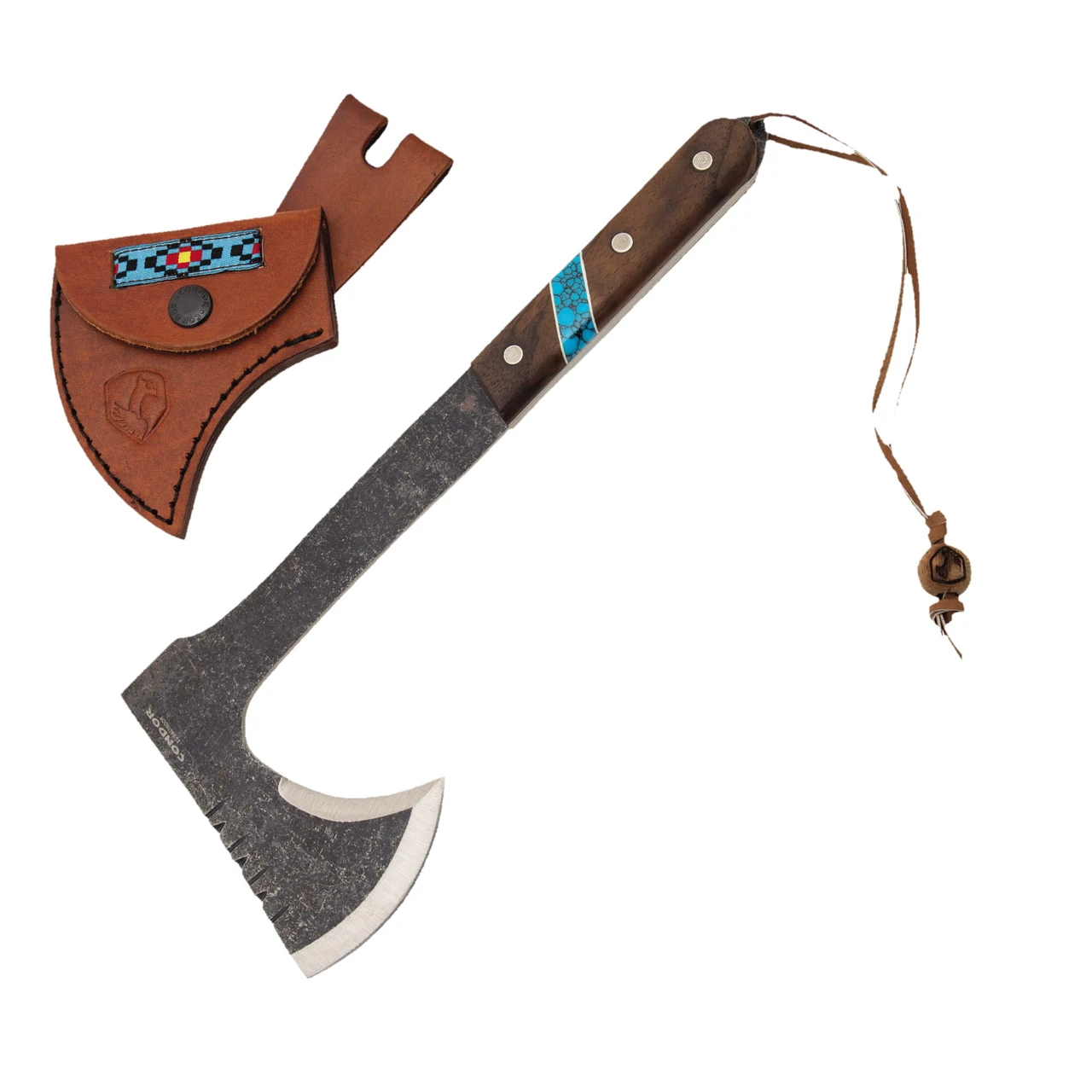 Condor Tool and Knife Blue River Tomahawk 1075/Walnut and Reconstituted Turquoise Stone with Leather Sheath CTK2826HC