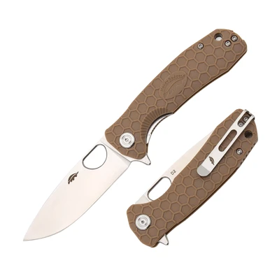 Honey Badger Knives Medium Drop Point - Tan FRN - D2 Satin Blade 3.19in