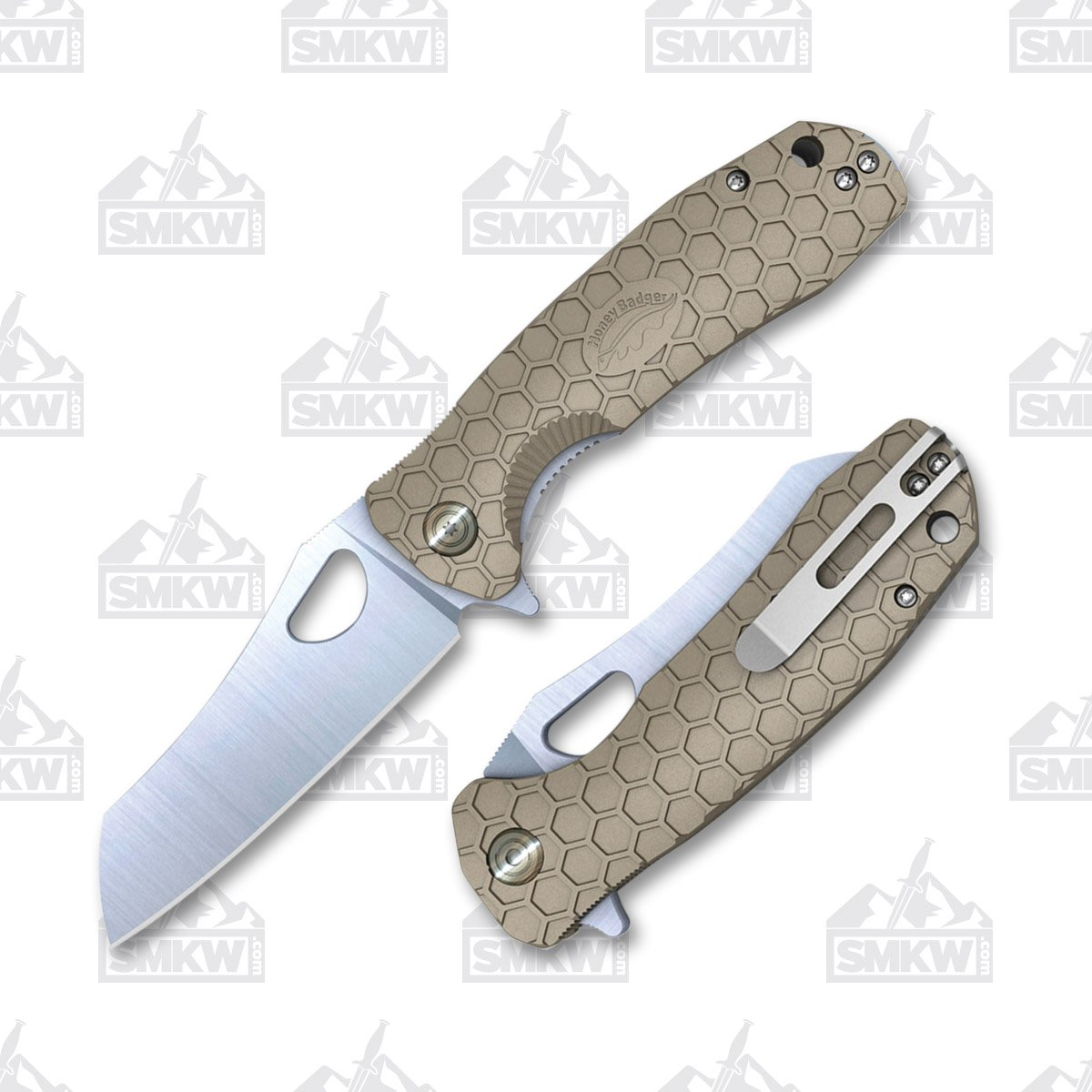 Honey Badger Knives Wharncleaver Small Folding Knife Tan 2.8in Satin Blade