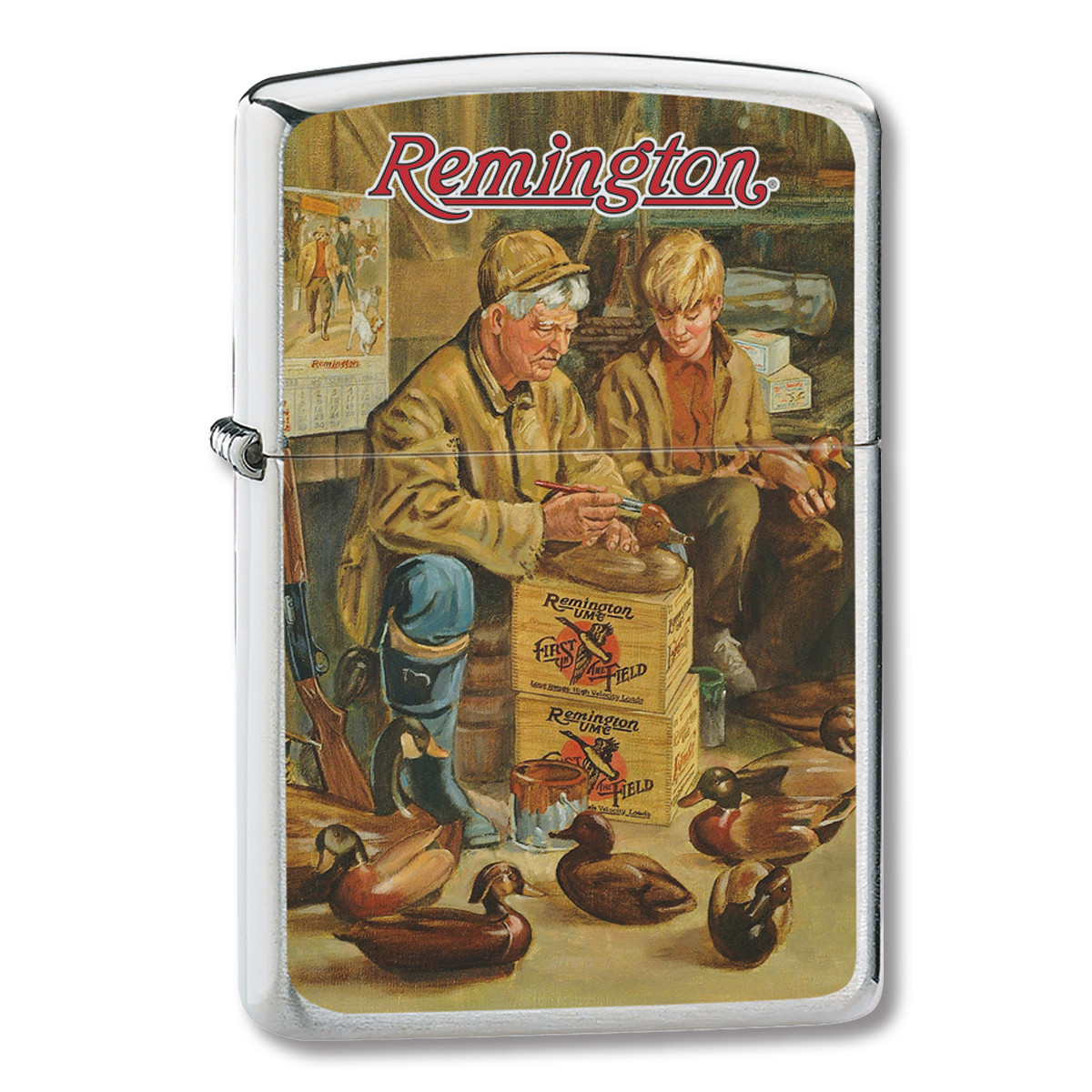 Zippo Lighter Old Man and Decoys Remington Satin Chrome