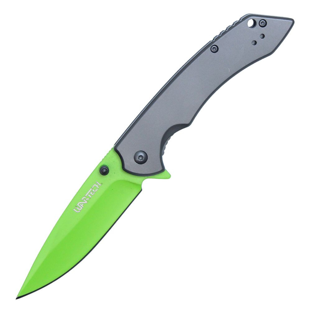 WarTech Assisted Folding Knife Gray 3.5in Plain Neon Green Drop Point 1
