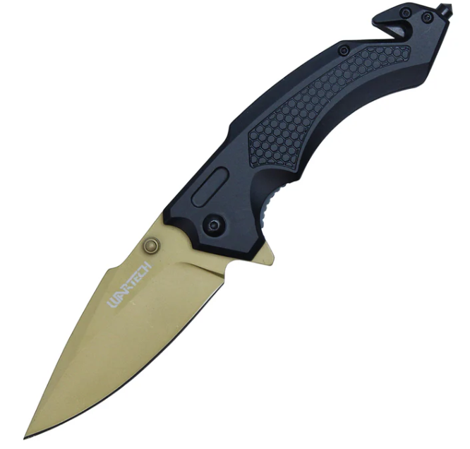 Neptune Trading 8.25In. Assisted Open Pocket Knife Folding Black Aluminum Handle 3.5In Gold Clip Point NTPWT370GD