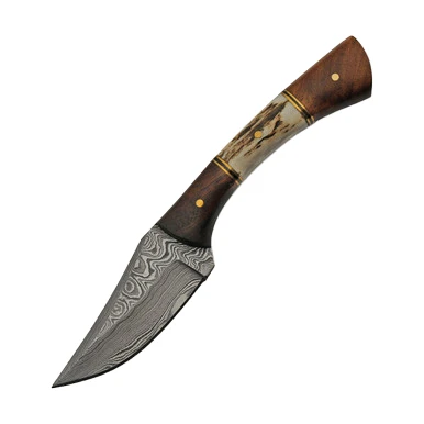 SZCO Supplies Patch Stag-Wood Fixed Blade Knife 3in Damascus Skinner