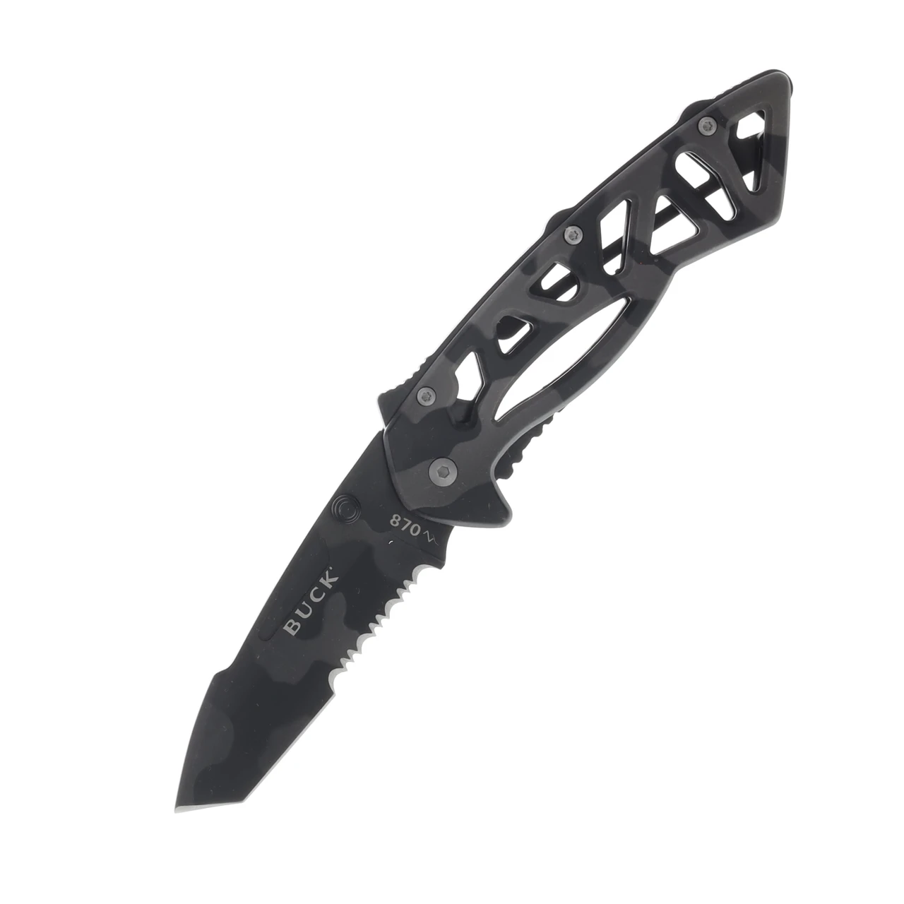 Buck 870 Bones Folding Knife Tiger Stripe 3in Partial Serrated Tanto Blade BU5846