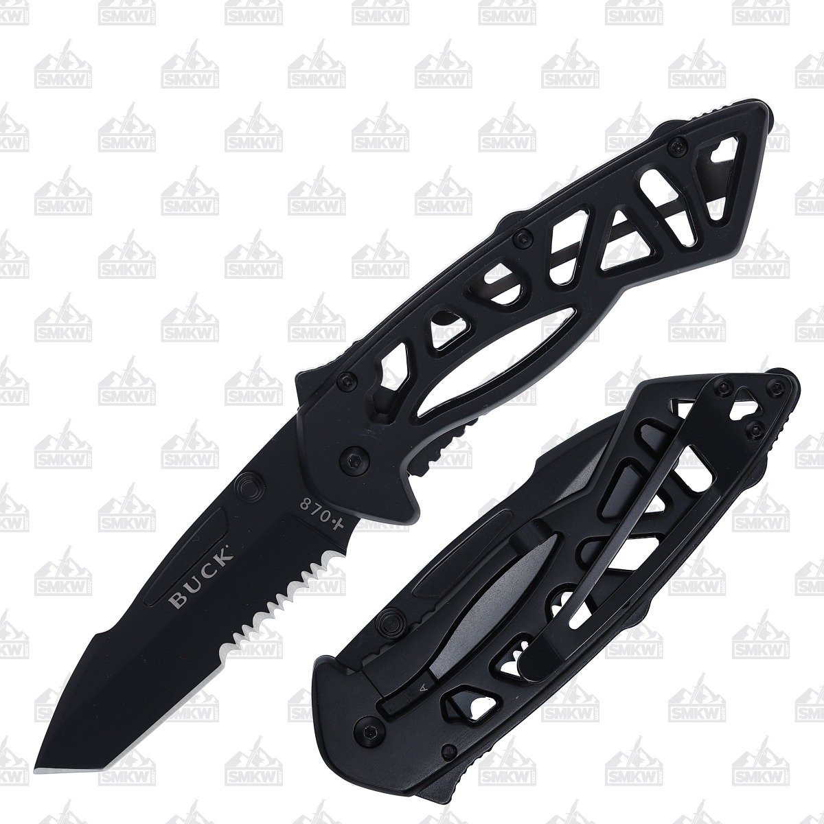 Buck 870 Bones Folding Knife Black 3in Tanto Part Serrated Blade