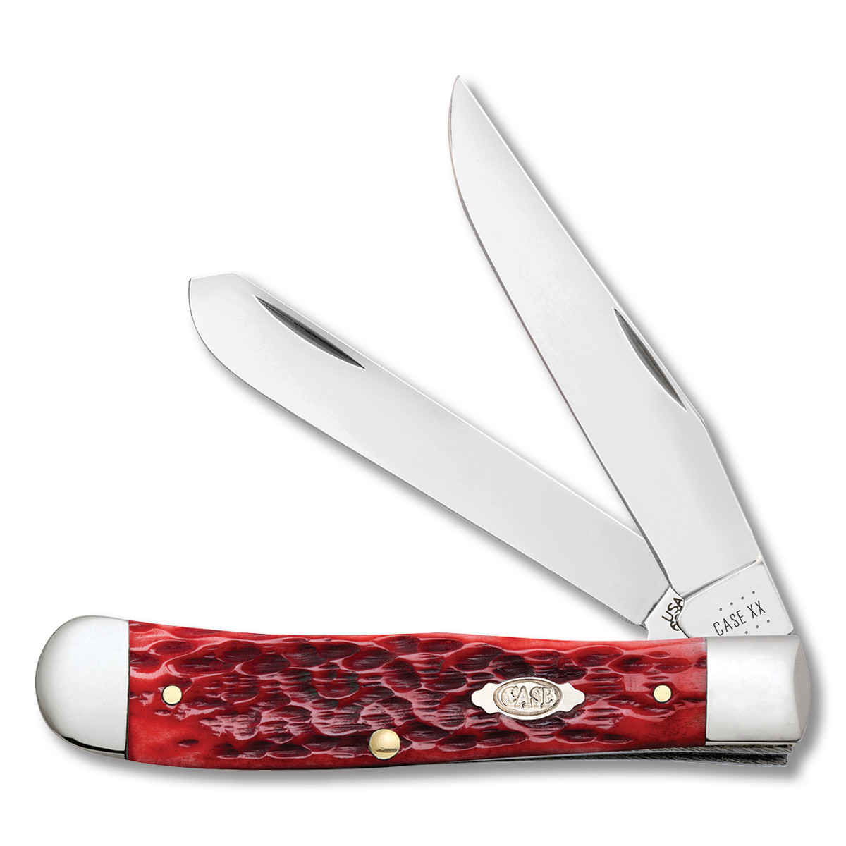Case XX Dark Red Peach Seed Jigged Bone Carbon Steel Trapper