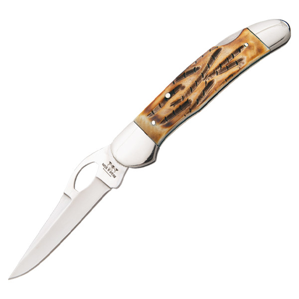Bear & Son India Stag Damascus Cowhand Lockback Folding Knife BR5150L