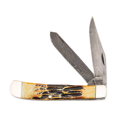 Bear & Son Damascus Trapper Folding Knife Genuine India Stag Bone