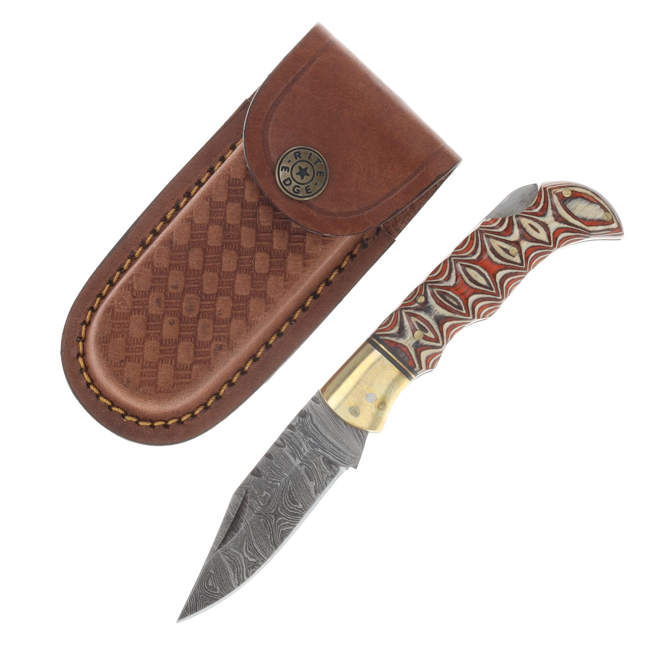 Damascus Twisted Wood Lockback Folding Knife DM1285