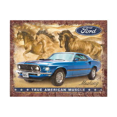 Ford Mustang Flag and Horses True American Muscle Tin Sign SG2470