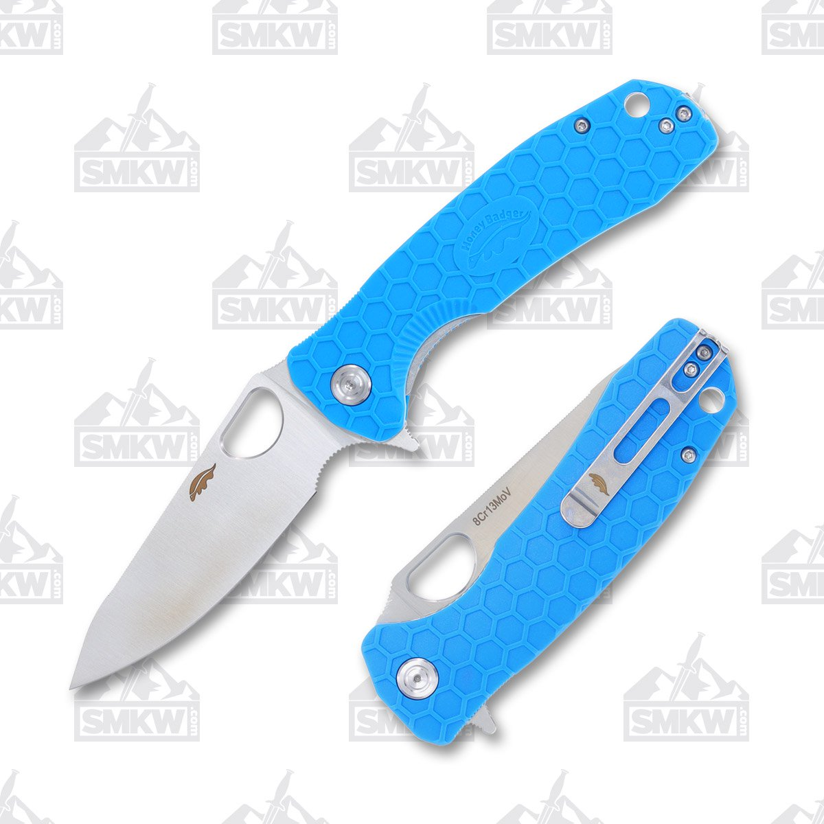 Honey Badger Large Leaf Knife Blue 3.63in Plain Satin Blade