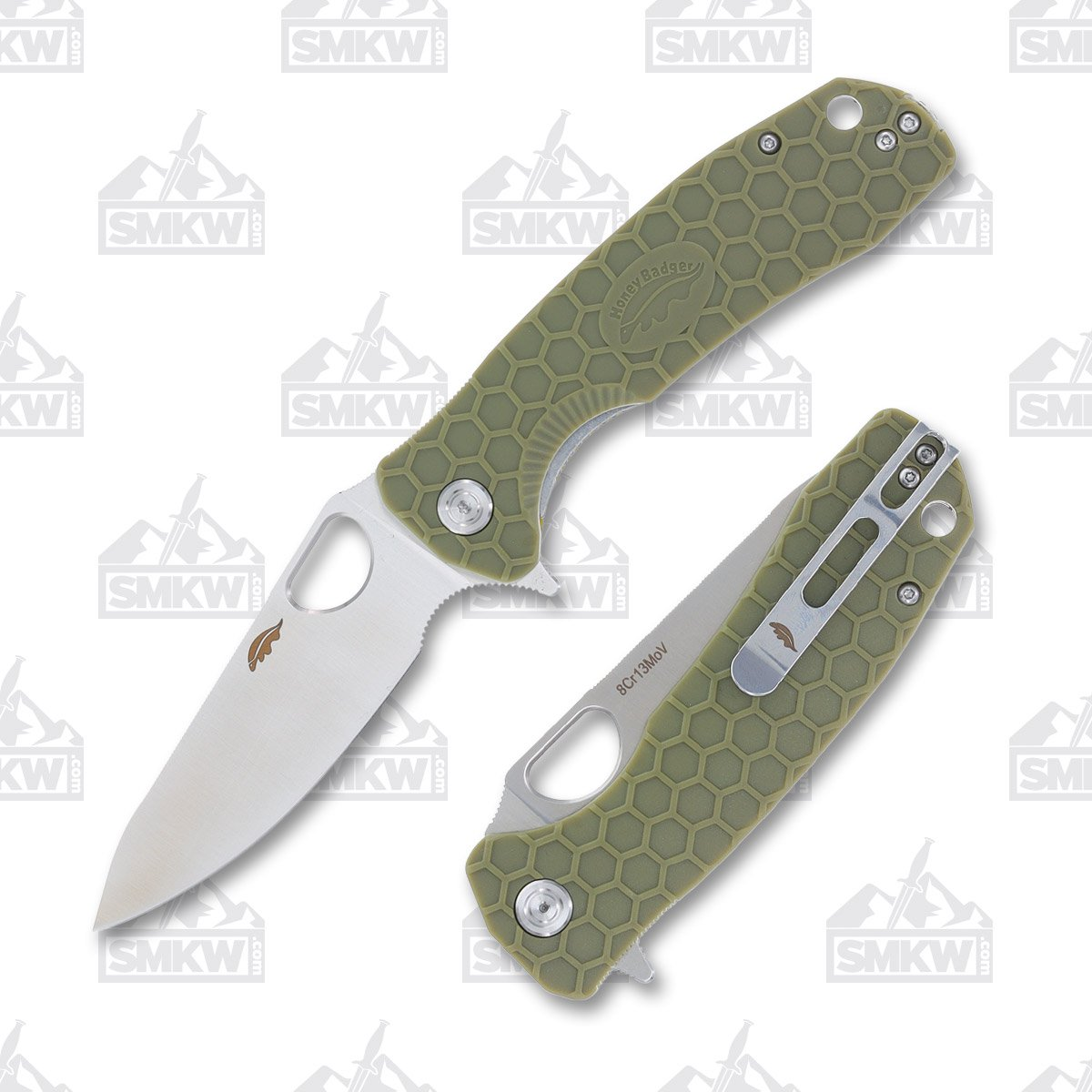 Honey Badger Large Leaf Knife Green 3.63in Plain Satin Blade