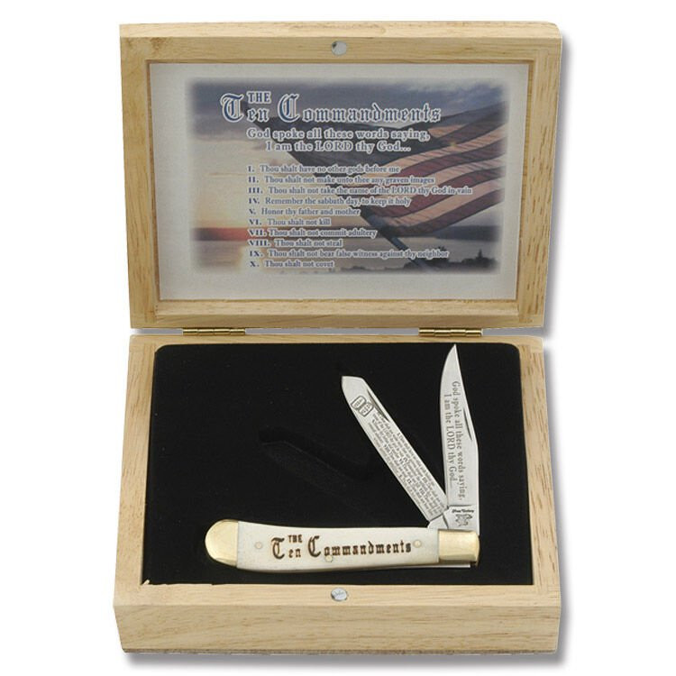 Frost Ten Commandments Smooth White Bone Trapper Folding Knife FRSET812TEN