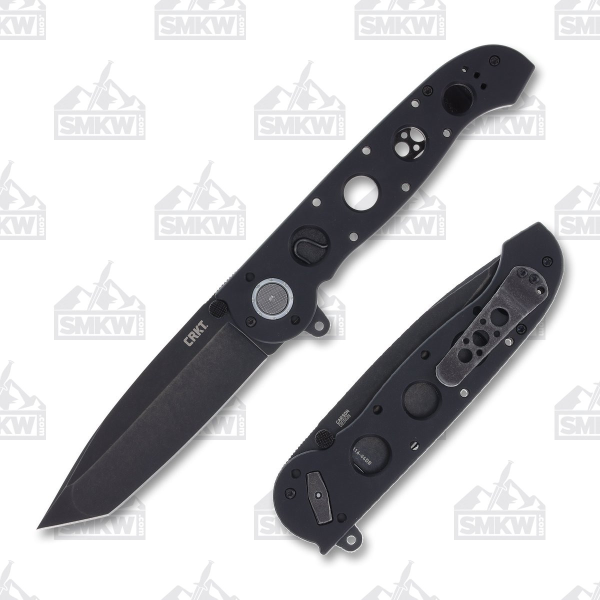 CRKT M16-04DB Deadbolt 3.89 Inch Plain Black Stonewash Tanto Open and Closed
