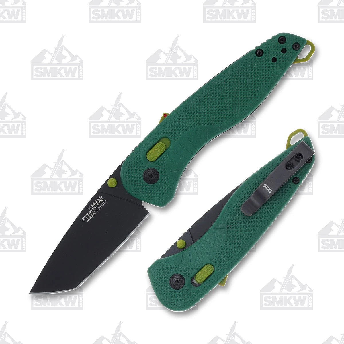 SOG Aegis AT Folding Knife Forest - Moss 3.13 Inch Plain Black Tanto Open and Closed