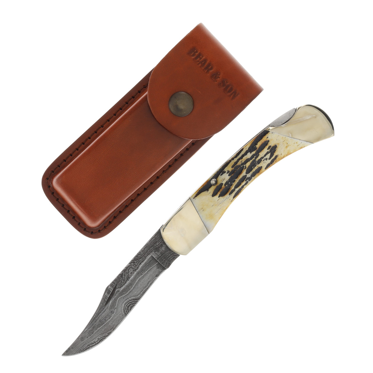 Bear & Son Professional Lockback Folding Knife Stag Damascus BR597D