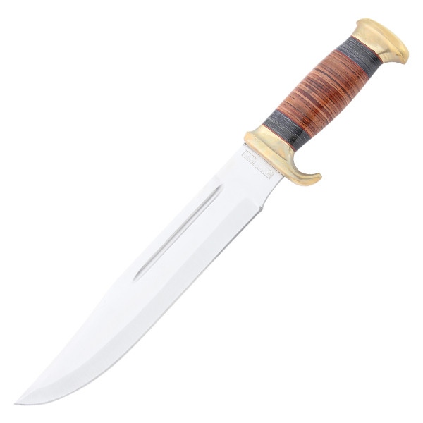 Rough Rider Stacked Leather Bowie Brown 10in Plain Satin Clip Point RR2006