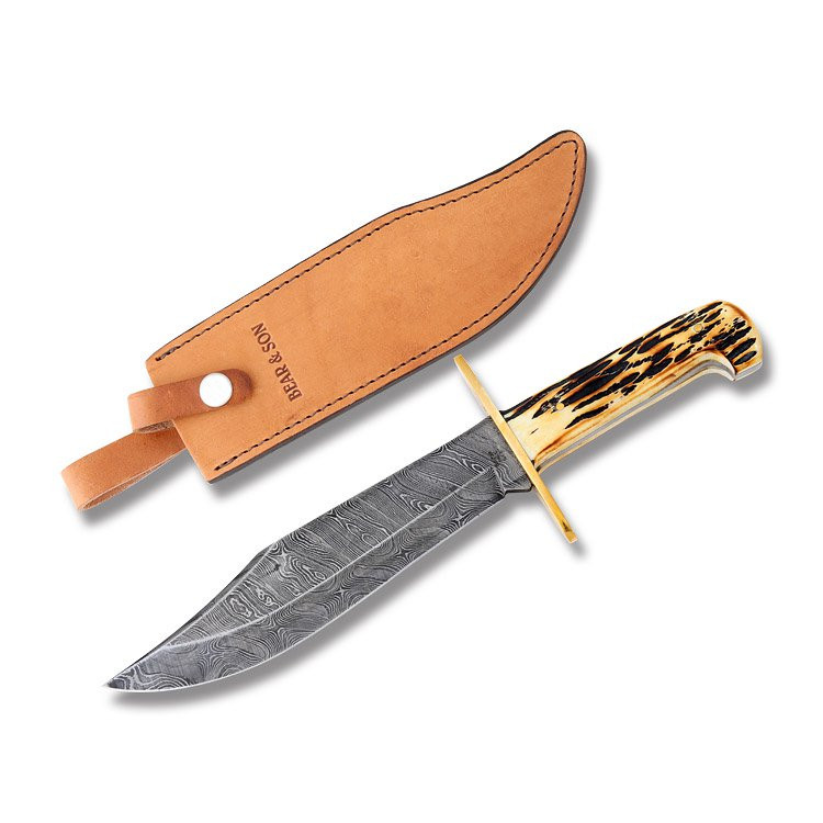 Bear & Son Bowie Knife Stag Bone 7 Inch Plain Damascus Clip Point with Sheath