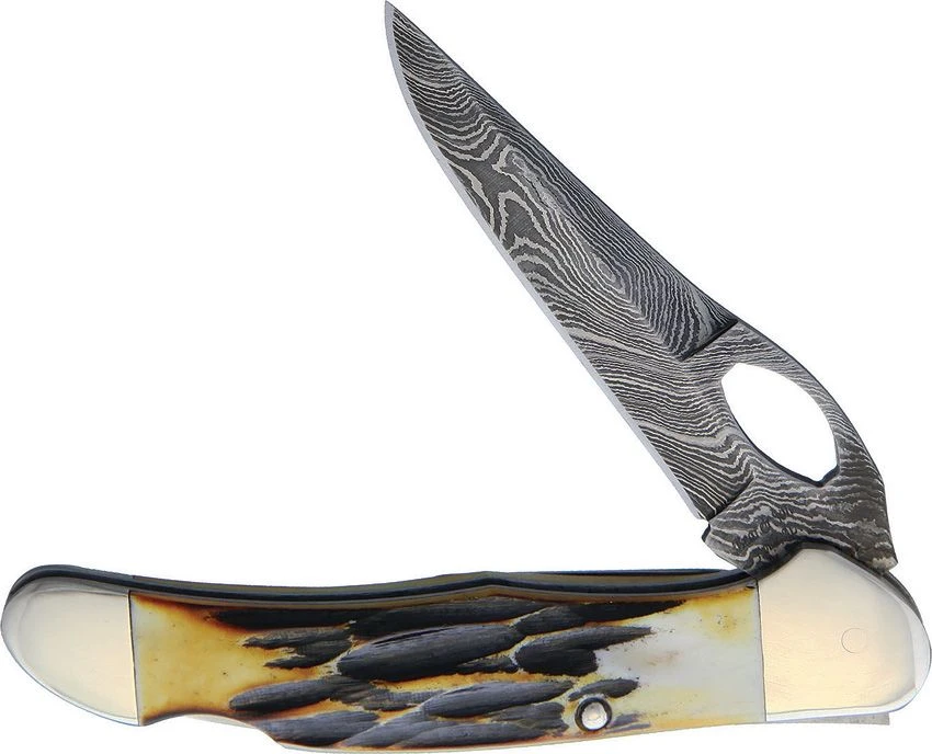 Bear & Son Damascus India Stag Bone Locking Cowhand Folding Knife With Pocket Clip BR5149LD