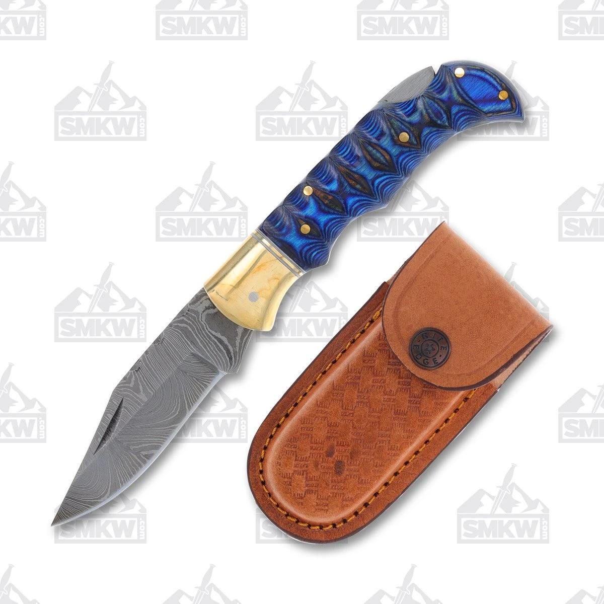 Blue Grooved Damascus Lockback Folding Knife