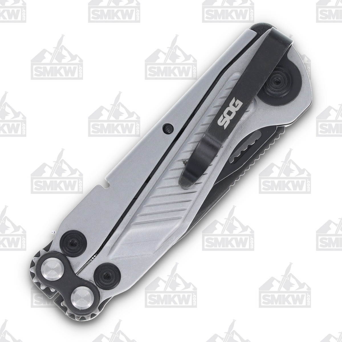 SOG Flash MT Silver and Black Multitool 2.4in Black Clip Point
