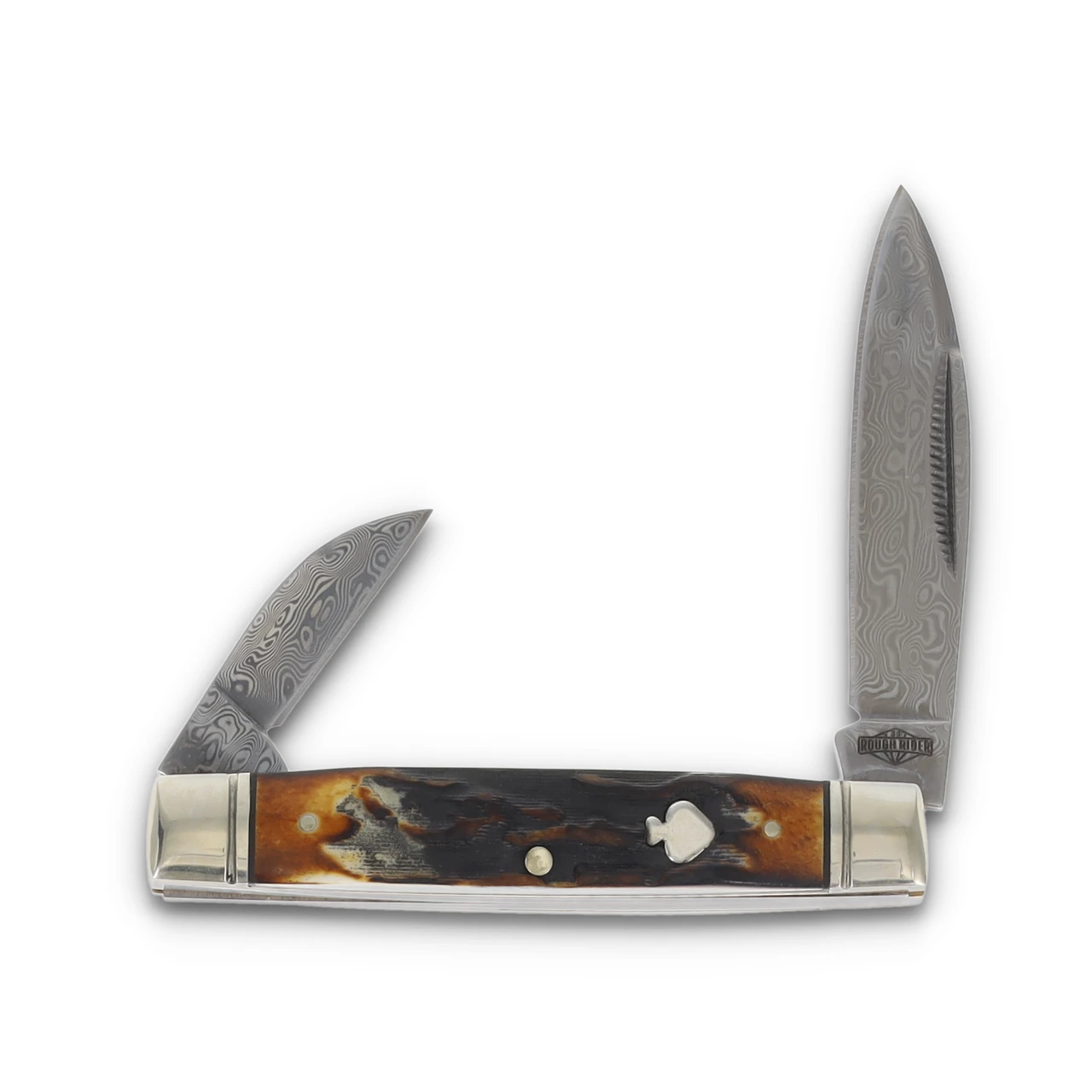 Rough Rider Capitol Intern Folding Knife Damascus Cinnamon Bone Front Open