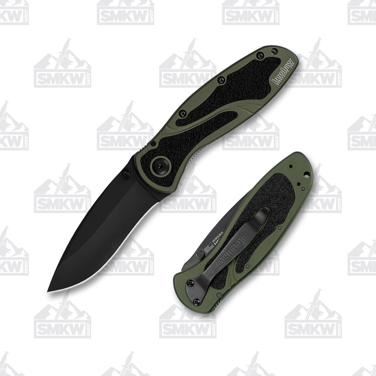 Kershaw Blur Olive and Black 3.4 Inch Plain Black Cerakote Drop Point Front Open and Back Closed