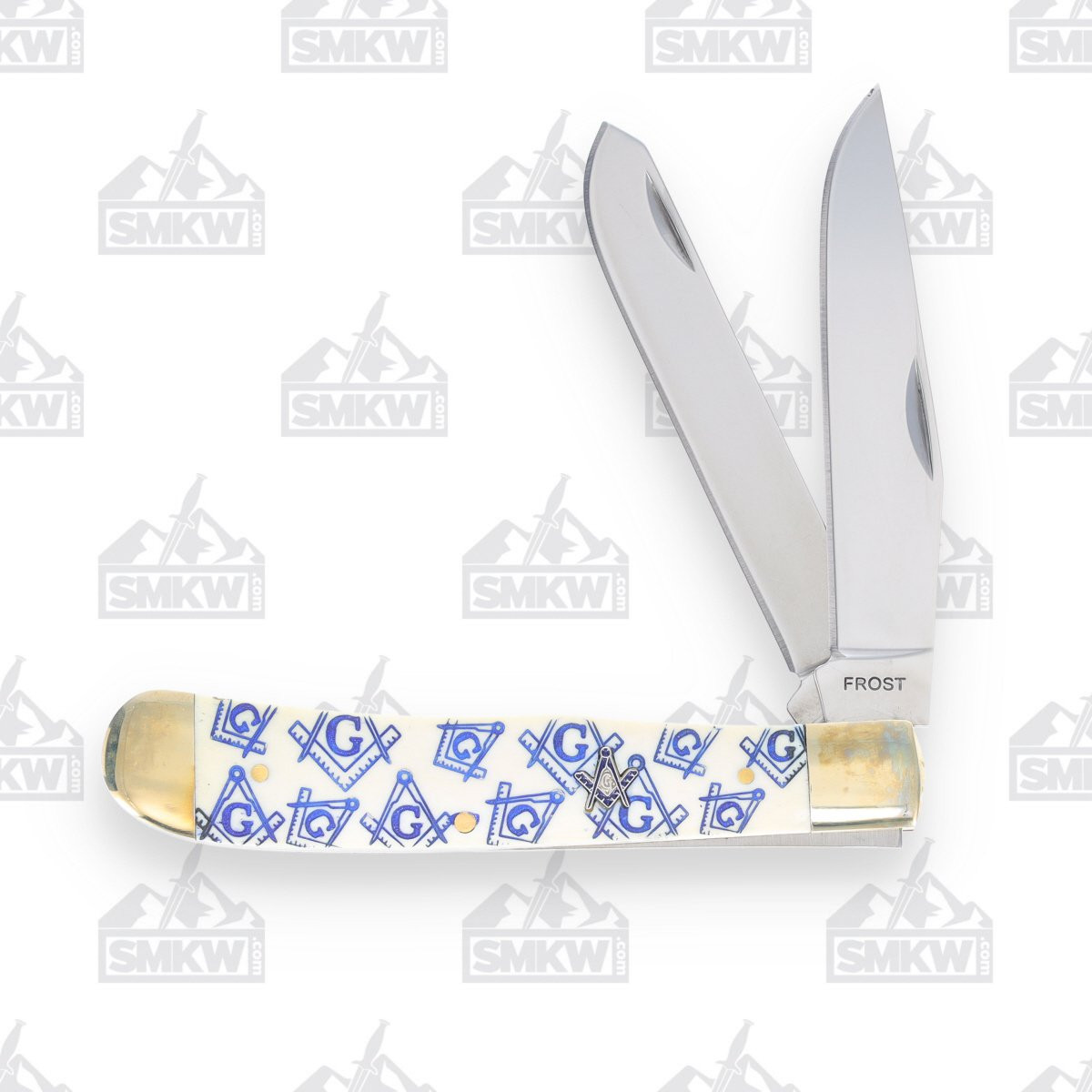 Frost Masonic Trapper Folding Knife Blue Compass On White Smooth Bone Handle FRMAS108WB