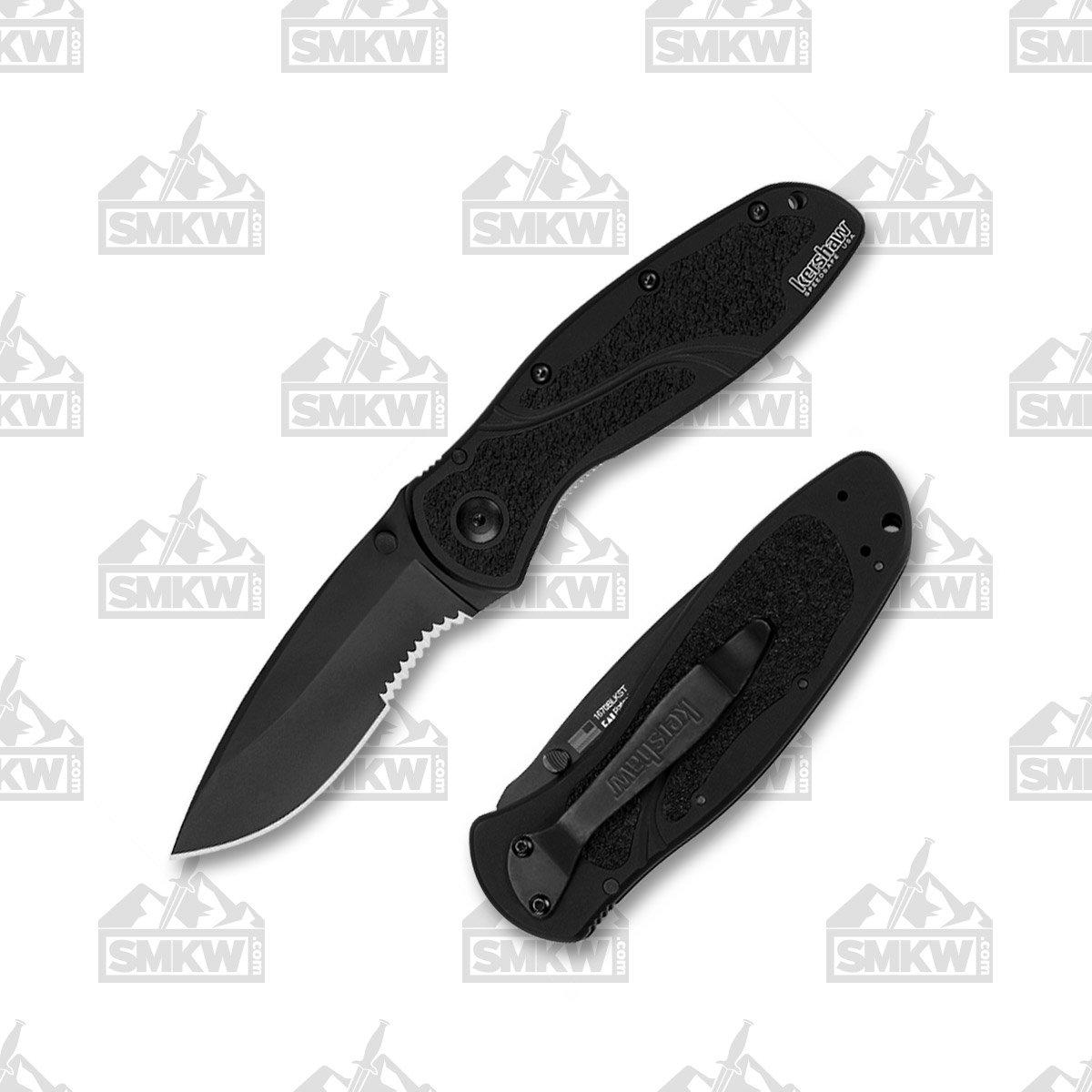 Kershaw Blur 3.4 Inch Partially Serrated Black Cerakote Drop Point Front Open and Back Closed