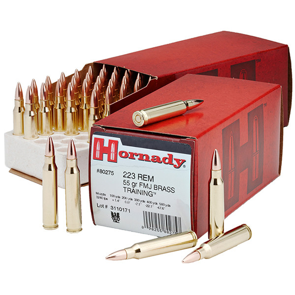 Hornady Custom 223 Remington Ammunition 50 Rounds Brass Centerfire 55 Grain FMJ BT