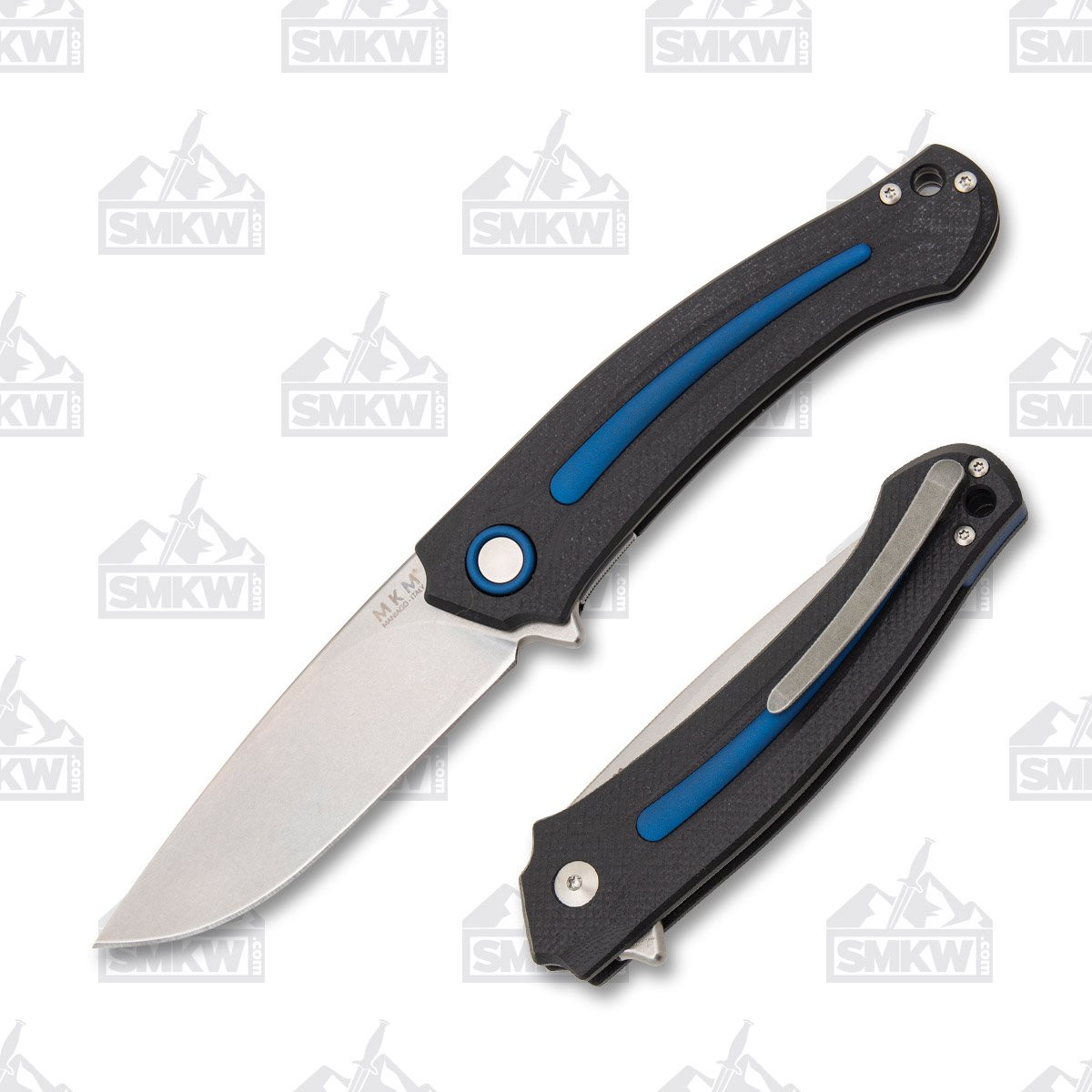 MKM SMKW Exclusive Arvenis Folding Knife Stonewash M390/Blue and Black G-10 Lucas Burnley Design MKFX01MGBL
