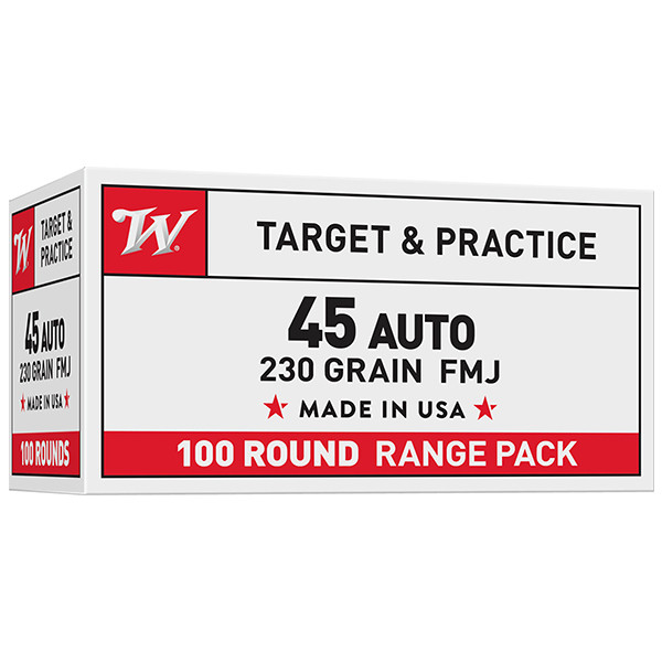 Winchester USA Target & Practice 45 Auto Handgun Ammunition 100 Rounds Brass Centerfire 230 Grain FMJ