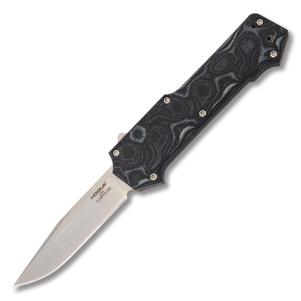 Hogue Compound OTF Automatic Knife Black - 3.5in Clip Point Tumbled Plain AUHG34039