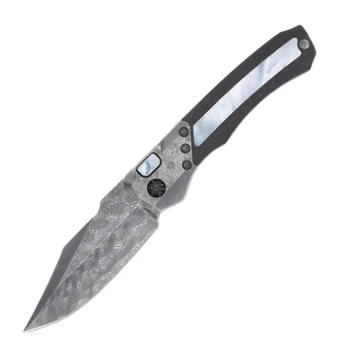 Heretic Wraith OTS Knife Black Dunes FatCarbon - 3.62in Vegas Forge Damascus Plain