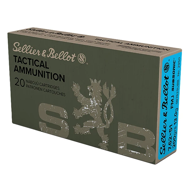 Sellier & Bellot Tactical Subsonic Rifle Ammo 7.62x51mm NATO Ammunition 200 Grain FMJ Subsonic