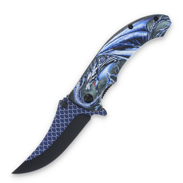 Dragonscale Assisted Knife Blue 3.25in Plain Black-Blue Scales Blade