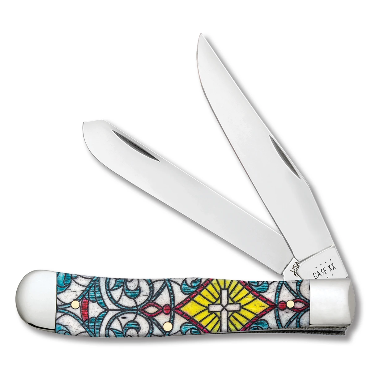Case Stained Glass Cross Natural Bone Trapper Folding Knife